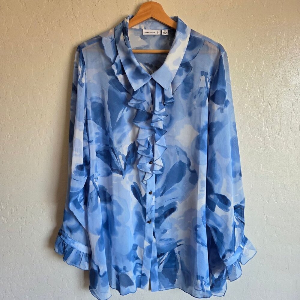 Susan Graver Watercolor Floral Sheer Ruffle Button Up Blouse Blue Sz Women's 2X